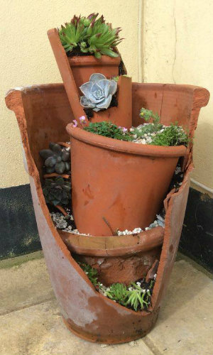 Broken Terracotta Pot used as a fairy/miniture garden